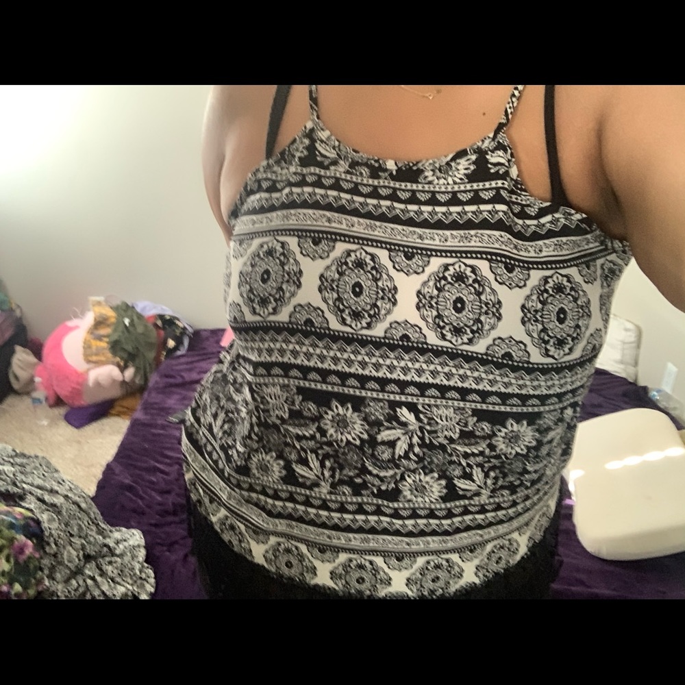Tribal print top. Black and white with fringe